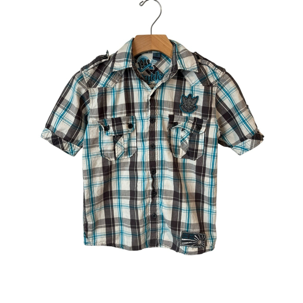 Raider Jean Co Boys Shirt Size Small Blue Gray Plaid